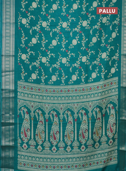 Semi dola saree teal green with allover prints and zari woven border