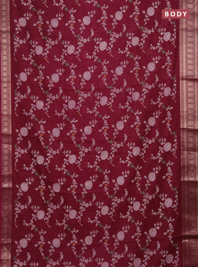 Semi dola saree wine shade with allover prints and zari woven border