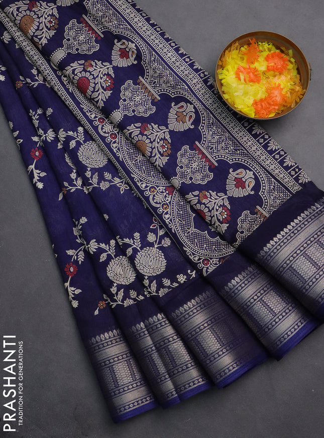Semi dola saree dark blue with allover prints and zari woven border