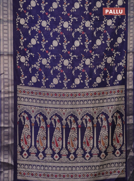 Semi dola saree dark blue with allover prints and zari woven border