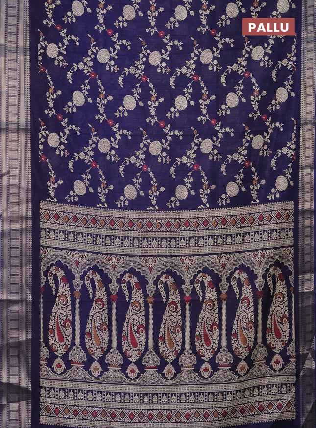 Semi dola saree dark blue with allover prints and zari woven border