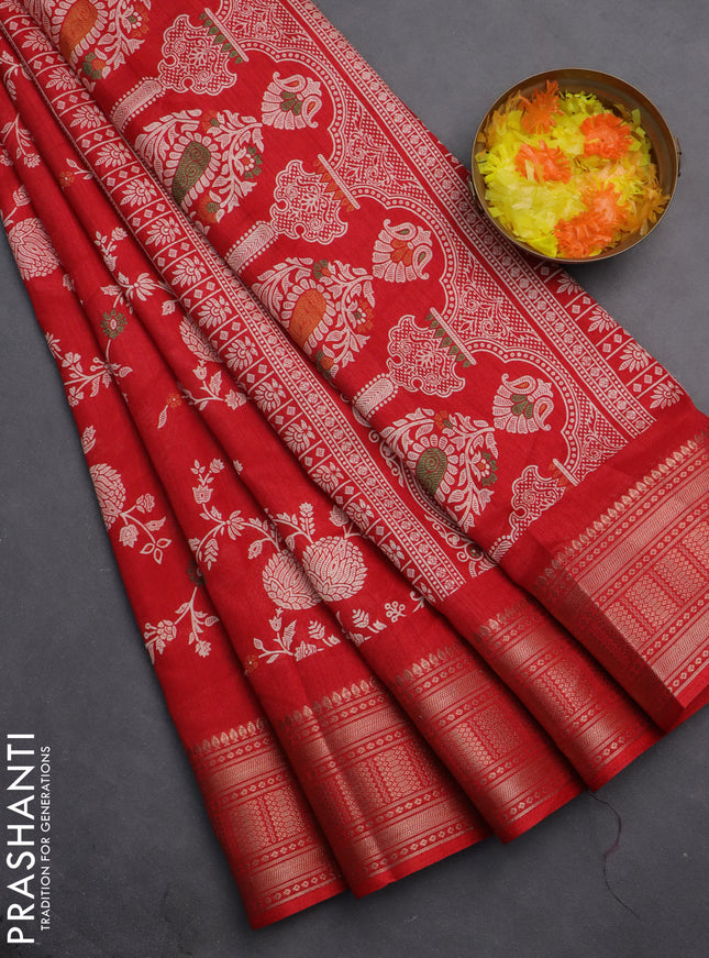 Semi dola saree red with allover prints and zari woven border