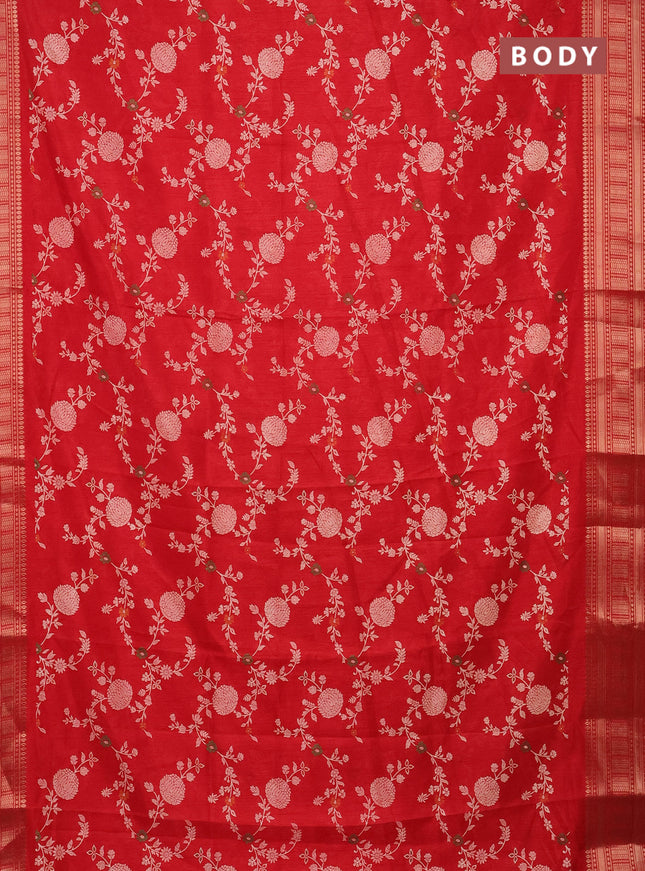 Semi dola saree red with allover prints and zari woven border