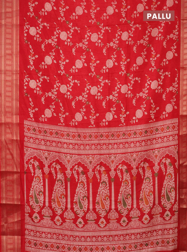 Semi dola saree red with allover prints and zari woven border