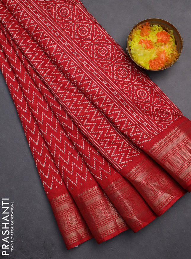 Semi dola saree red with allover zig zag prints and zari woven border