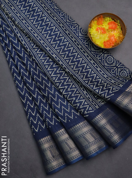 Semi dola saree peacock blue with allover zig zag prints and zari woven border