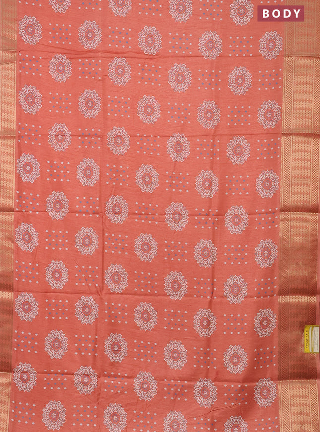 Semi dola saree peach orange with butta prints and zari woven border