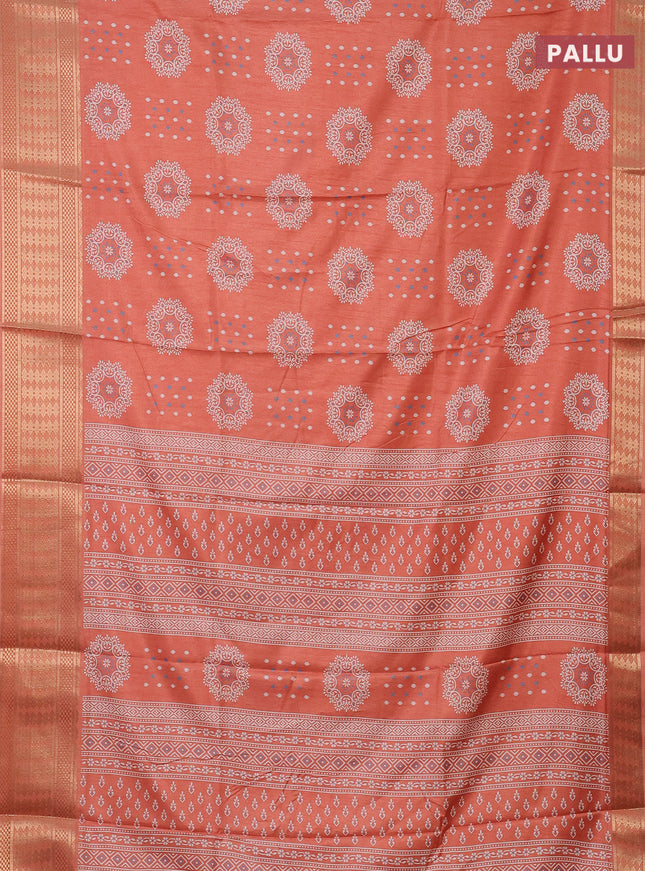 Semi dola saree peach orange with butta prints and zari woven border