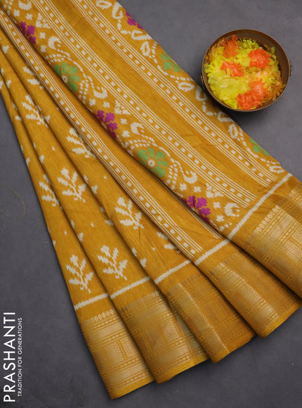 Semi dola saree mustard yellow with allover ikat butta prints and zari woven border