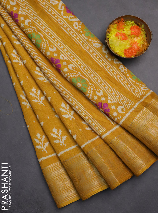 Semi dola saree mustard yellow with allover ikat butta prints and zari woven border