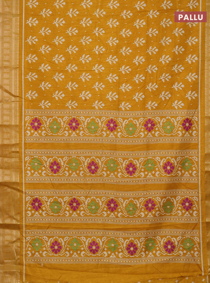 Semi dola saree mustard yellow with allover ikat butta prints and zari woven border