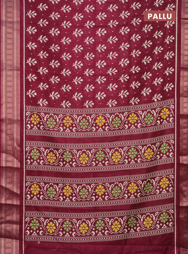 Semi dola saree wine shade with allover ikat butta prints and zari woven border