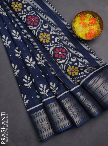 Semi dola saree peacock blue with allover ikat butta prints and zari woven border