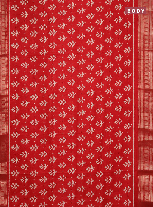 Semi dola saree red with allover ikat butta prints and zari woven border