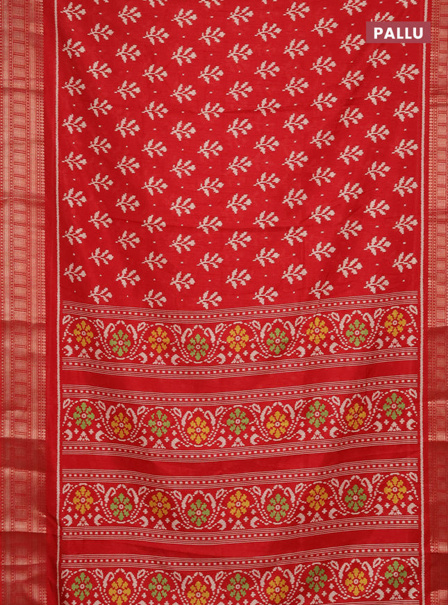 Semi dola saree red with allover ikat butta prints and zari woven border