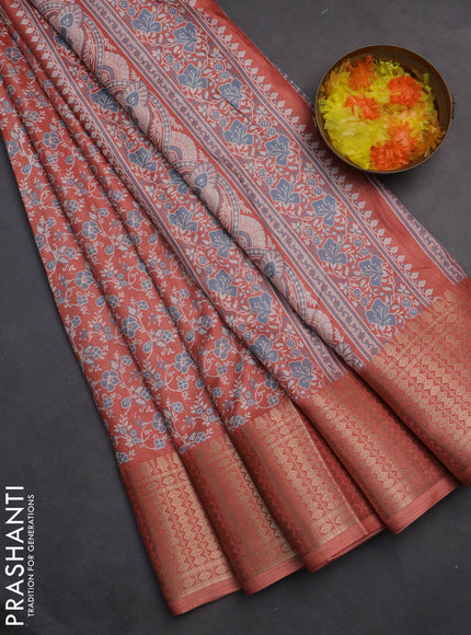 Semi dola saree peach shade with allover prints and zari woven border