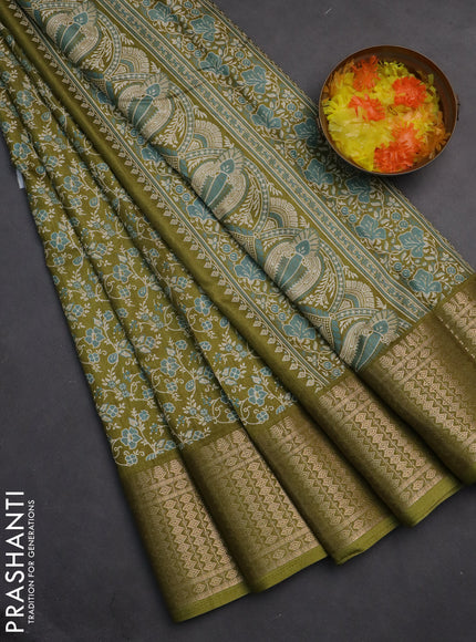 Semi dola saree mehendi green with allover prints and zari woven border