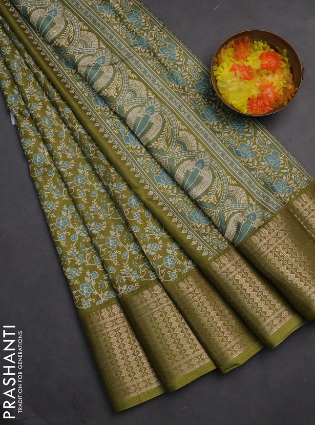 Semi dola saree mehendi green with allover prints and zari woven border