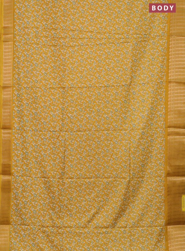 Semi dola saree mustard yellow with allover prints and zari woven border