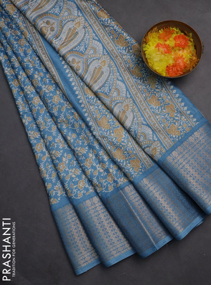 Semi dola saree cs blue with allover prints and zari woven border