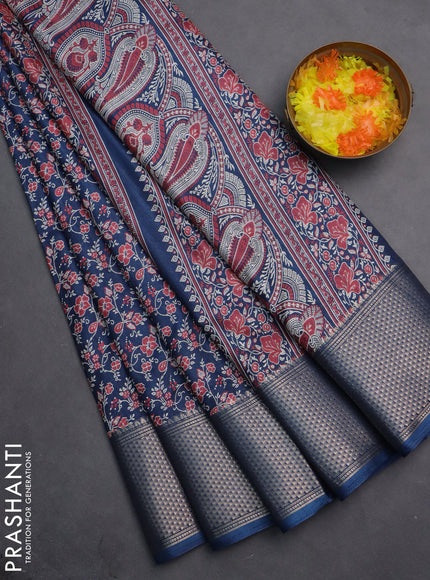 Semi dola saree peacock blue with allover prints and zari woven border