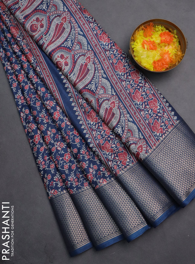 Semi dola saree peacock blue with allover prints and zari woven border