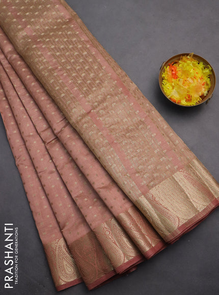 Semi raw silk saree pastel peach with allover zari woven 1000 buttas and paisley zari woven border