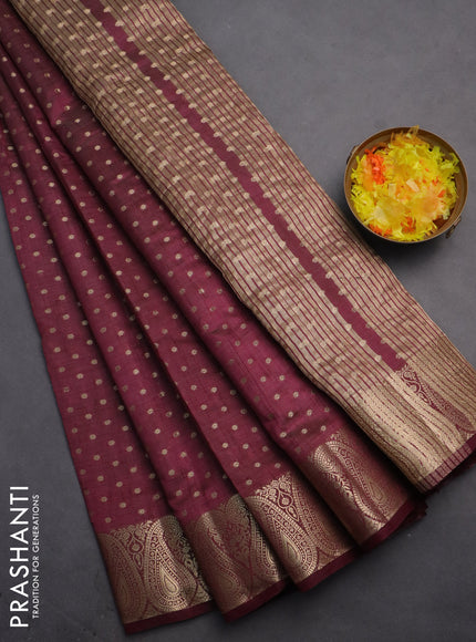 Semi raw silk saree wine with allover zari woven 1000 buttas and paisley zari woven border
