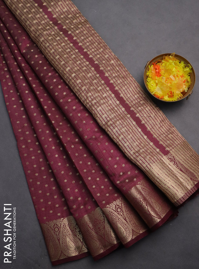 Semi raw silk saree wine with allover zari woven 1000 buttas and paisley zari woven border