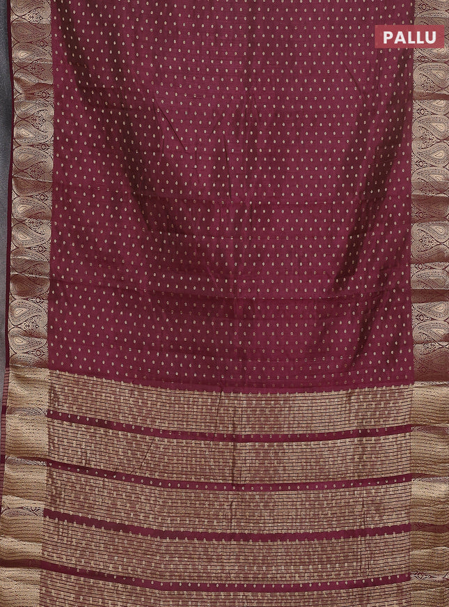 Semi raw silk saree wine with allover zari woven 1000 buttas and paisley zari woven border