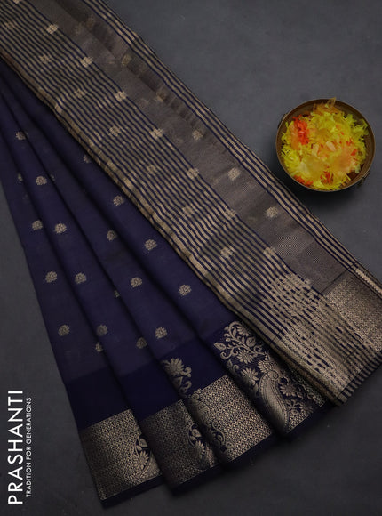 Semi raw silk saree navy blue with allover zari woven 1000 buttas and zari woven border