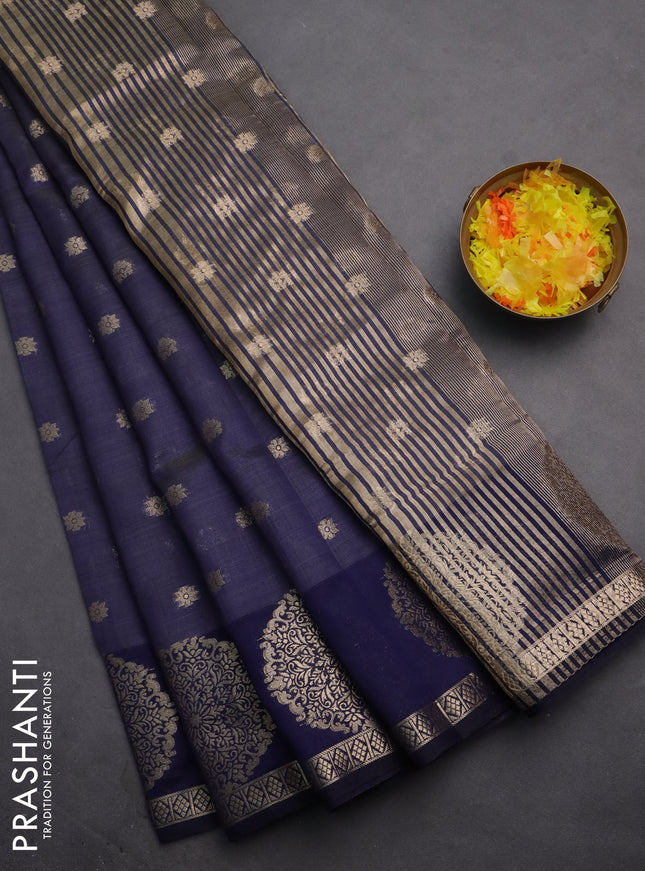 Semi raw silk saree navy blue with allover zari woven 1000 buttas and zari woven border