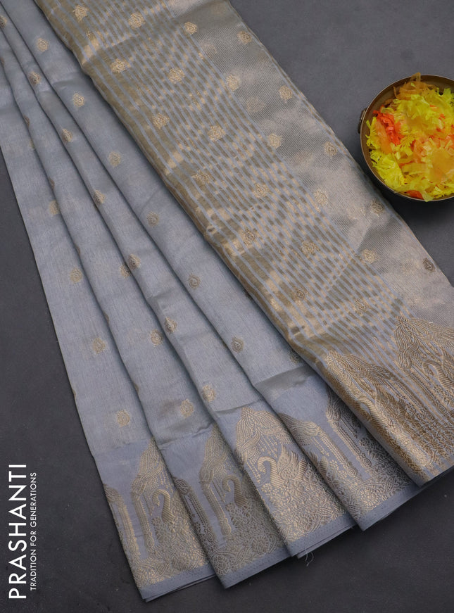 Semi raw silk saree grey with allover zari woven 1000 buttas and zari woven border