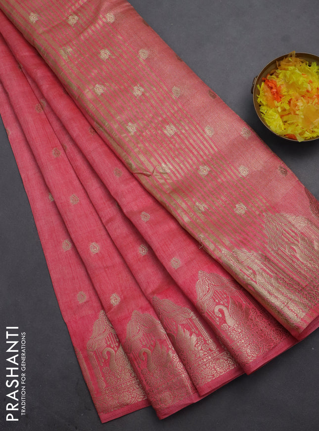 Semi raw silk saree peach pink with allover zari woven 1000 buttas and zari woven border