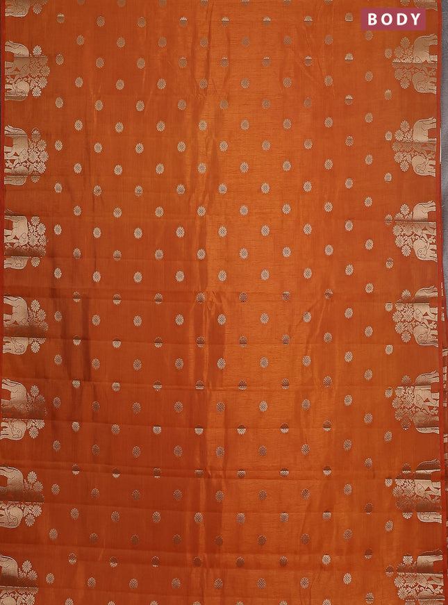 Semi raw silk saree orange with allover zari woven 1000 buttas and elephant design zari butta border