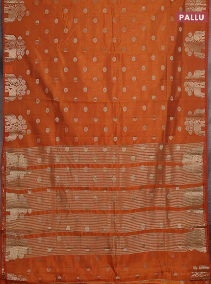 Semi raw silk saree orange with allover zari woven 1000 buttas and elephant design zari butta border
