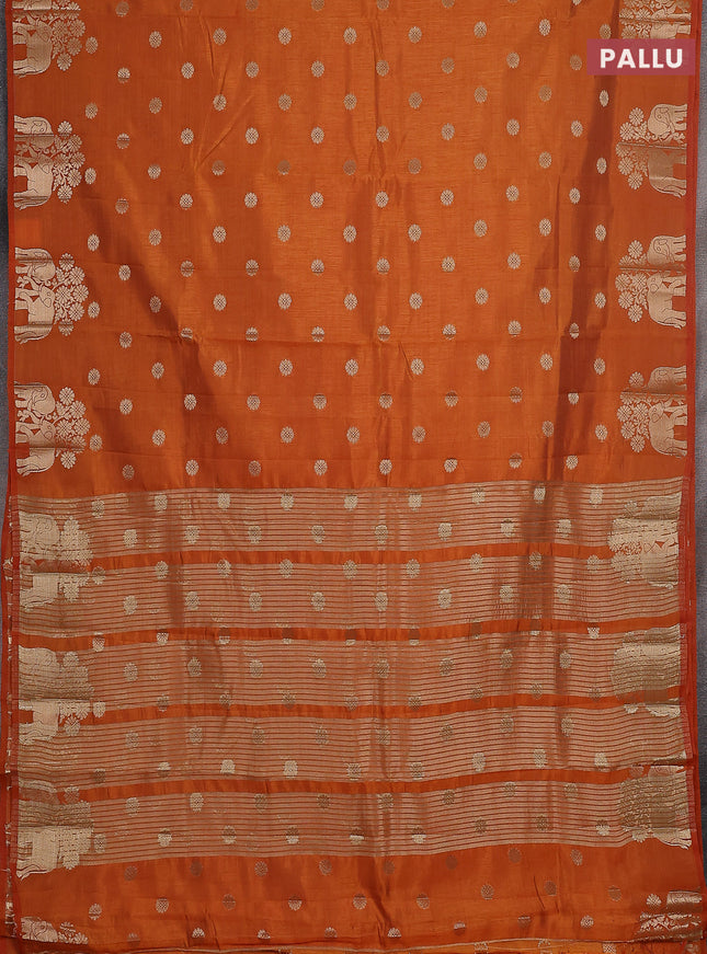 Semi raw silk saree orange with allover zari woven 1000 buttas and elephant design zari butta border