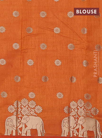 Semi raw silk saree orange with allover zari woven 1000 buttas and elephant design zari butta border
