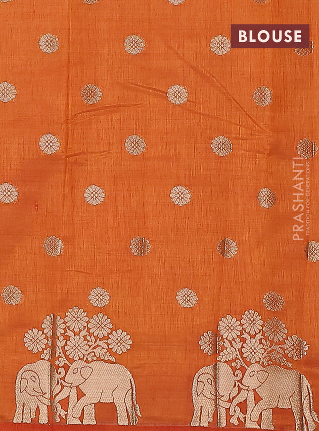 Semi raw silk saree orange with allover zari woven 1000 buttas and elephant design zari butta border