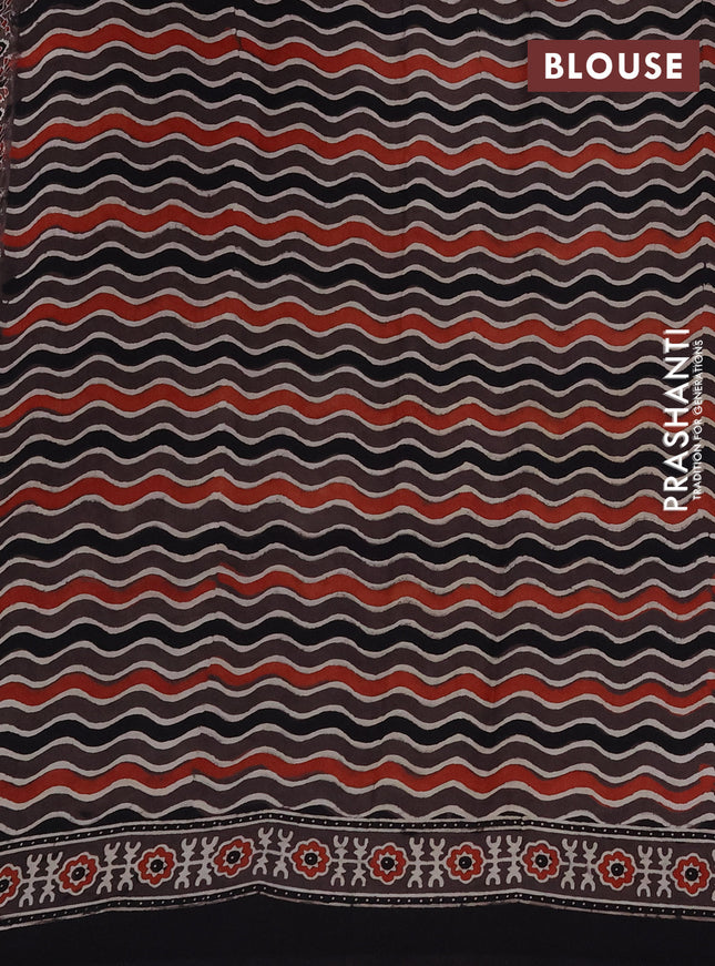 Modal silk saree black and brown with plain body and ajrakh printed border & pallu