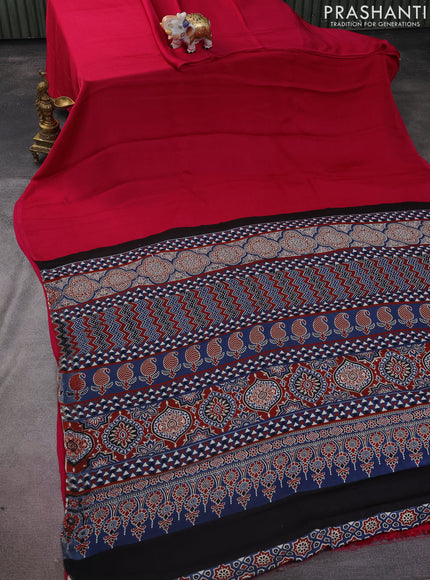 Modal silk saree pink and maroon blue with plain body and ajrakh printed pallu & blouse