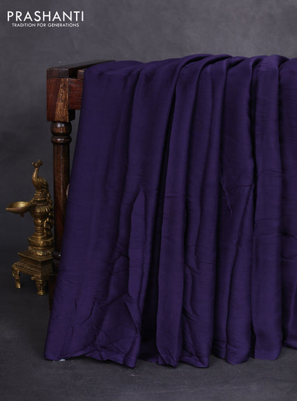 Modal silk saree blue and maroon with plain body and ajrakh printed pallu & blouse