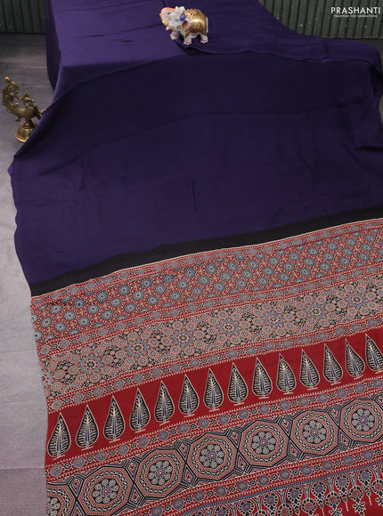 Modal silk saree blue and maroon with plain body and ajrakh printed pallu & blouse