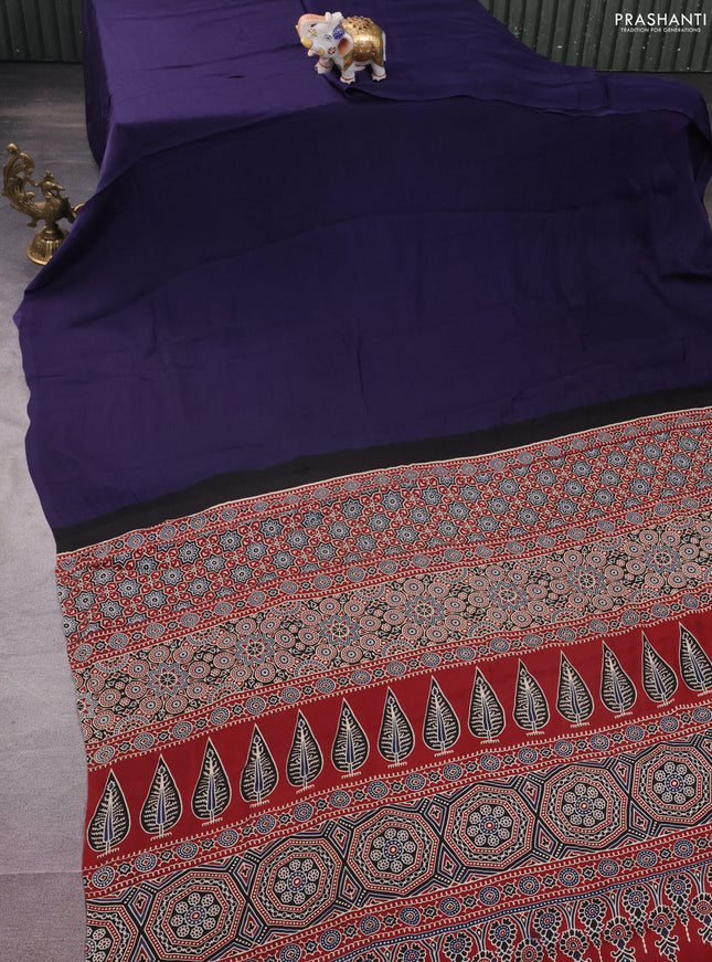 Modal silk saree blue and maroon with plain body and ajrakh printed pallu & blouse