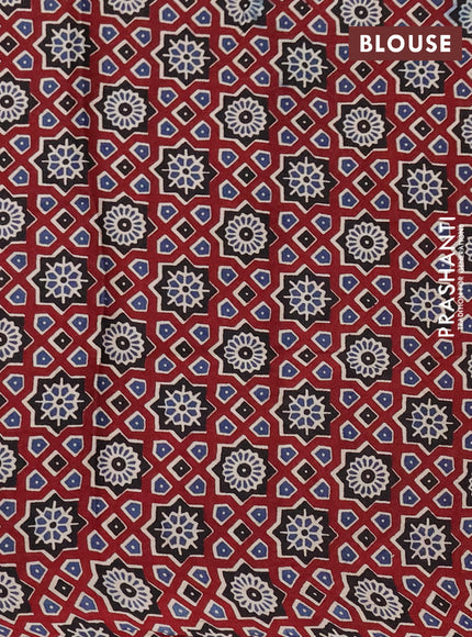 Modal silk saree blue and maroon with plain body and ajrakh printed pallu & blouse