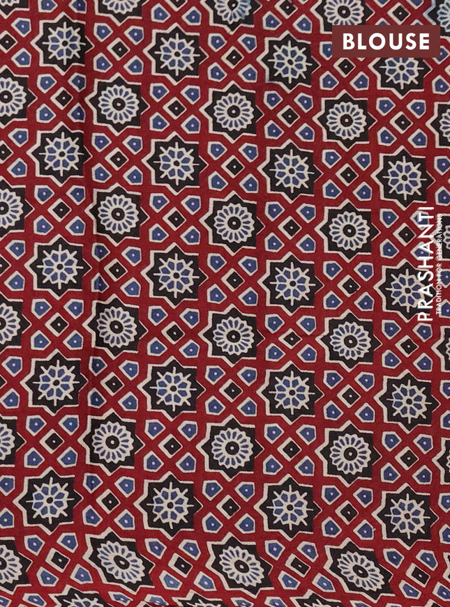 Modal silk saree blue and maroon with plain body and ajrakh printed pallu & blouse