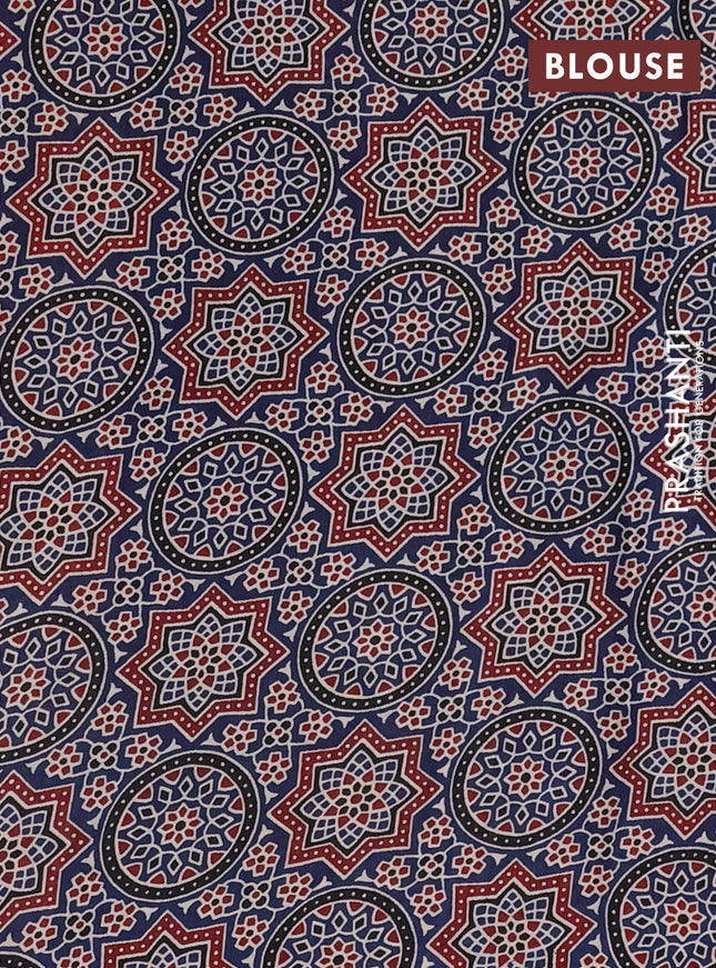 Modal silk saree wine shade and peacock blue with plain body and ajrakh printed pallu & blouse