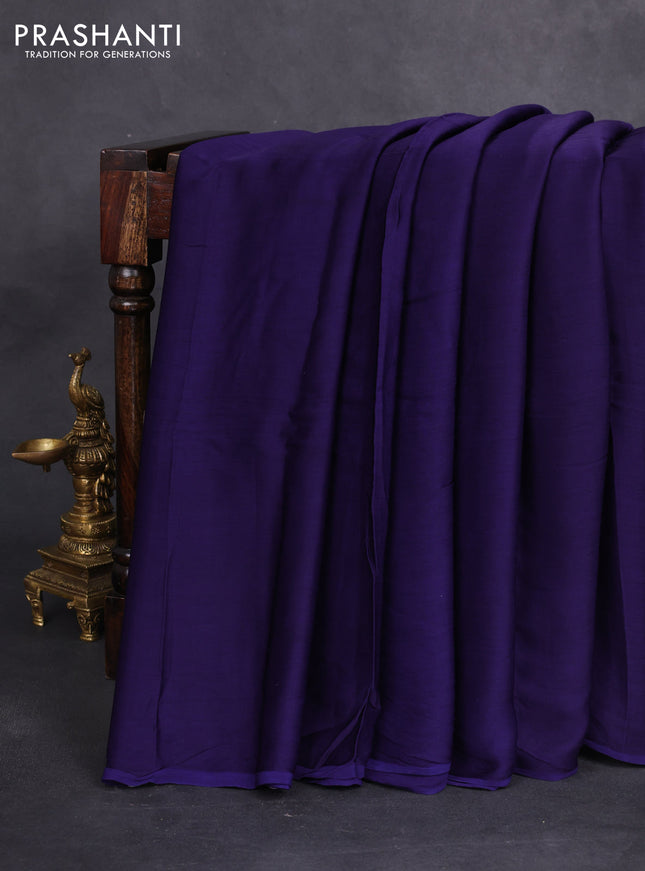 Modal silk saree blue and maroon with plain body and ajrakh printed pallu & blouse