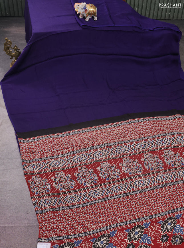 Modal silk saree blue and maroon with plain body and ajrakh printed pallu & blouse