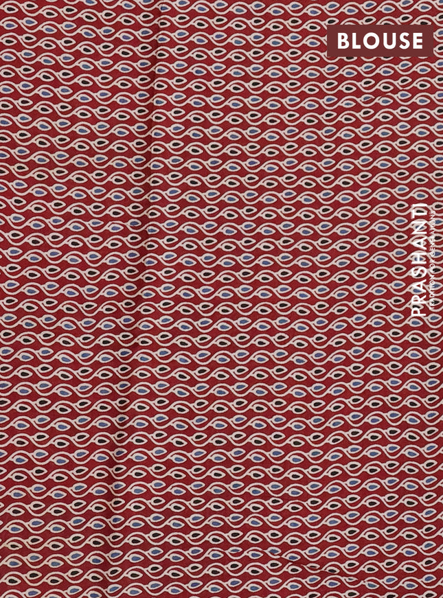 Modal silk saree blue and maroon with plain body and ajrakh printed pallu & blouse